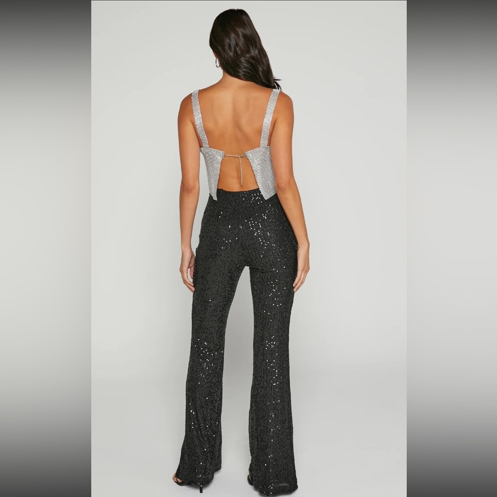 Showpo Deliza Mid-Waist Black Sequin Flare Leg Pants; worn once; EUC; 32” Inseam